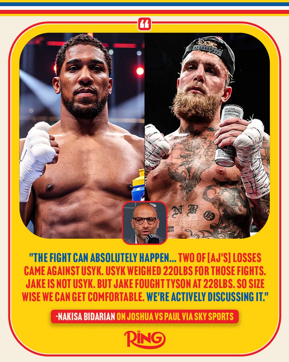 Anthony Joshua vs Jake Paul is in active talks and the fight is a realistic possibility, according to Paul's MVP co-founder and CEO Nakisa Bidarian.