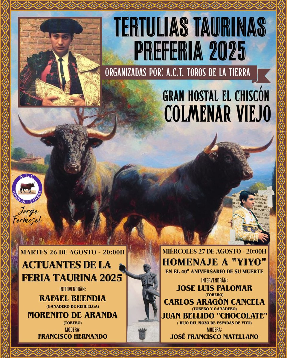 Por cuarto año consecutivo la A.T.C Toros de la Tierra organizan las tertulias previas a su Feria, este año por partida doble y como no podía ser de otro modo, con un homenaje a Yiyo. 
Os esperamos a todos.