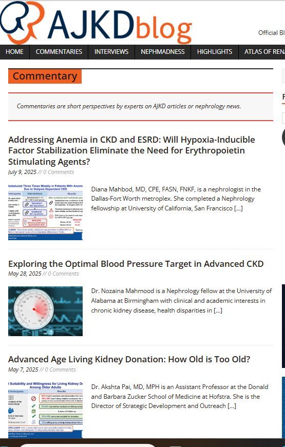 AJKD (@ajkdonline) on Twitter photo On the #AJKDBlog, catch up on these commentaries with:
- <a href="/DiMiRenalMD/">Diana Mahbod, MD, CPE, FASN, FNKF</a> asks whether vadadustat could reshape anemia management
- Mahmood & Morales discuss intensive BP control in CKD
- Akshta Pai asks how old is too old to be a living kidney donor?
bit.ly/3XNJ0Qs FREE On the #AJKDBlog, catch up on these commentaries with:
- <a href="/DiMiRenalMD/">Diana Mahbod, MD, CPE, FASN, FNKF</a> asks whether vadadustat could reshape anemia management
- Mahmood & Morales discuss intensive BP control in CKD
- Akshta Pai asks how old is too old to be a living kidney donor?
bit.ly/3XNJ0Qs FREE