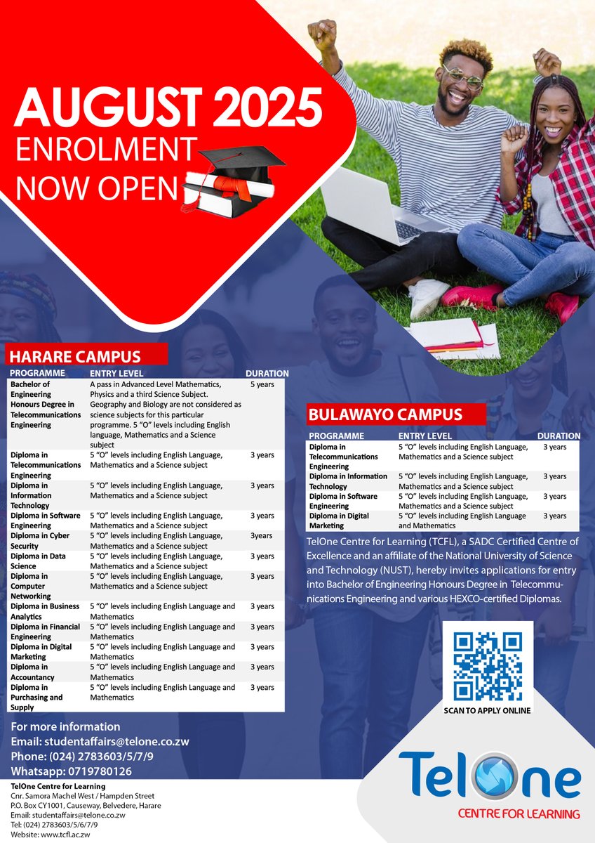 TelOneCFL's tweet photo. August 2025 Enrolment is NOW OPEN!

Don't miss this opportunity to Activate Your Future! Apply now and join our community of innovators, thinkers and doers
For more information
Email: studentaffairs@telone.co.zw
Phone: (024) 2783603/5/7/9
WhatsApp: 0719780126
#ActivateYourFuture https://t.co/H6xrGehGcl