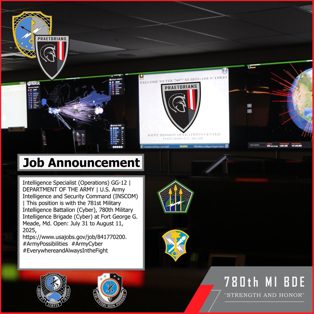 780th Military Intelligence Brigade (Cyber) (@780thc) on Twitter photo Intelligence Specialist (Operations) GG-12 with the 781st Military Intelligence Battalion (Cyber), Vanguard, <a href="/780thC/">780th Military Intelligence Brigade (Cyber)</a> at Fort George G. Meade, Md. Open: July 31 to August 11, 2025, usajobs.gov/job/841770200.
#ArmyPossibilities #ArmyCyber <a href="/ARCYBER/">Army Cyber Command</a> Intelligence Specialist (Operations) GG-12 with the 781st Military Intelligence Battalion (Cyber), Vanguard, <a href="/780thC/">780th Military Intelligence Brigade (Cyber)</a> at Fort George G. Meade, Md. Open: July 31 to August 11, 2025, usajobs.gov/job/841770200.
#ArmyPossibilities #ArmyCyber <a href="/ARCYBER/">Army Cyber Command</a>