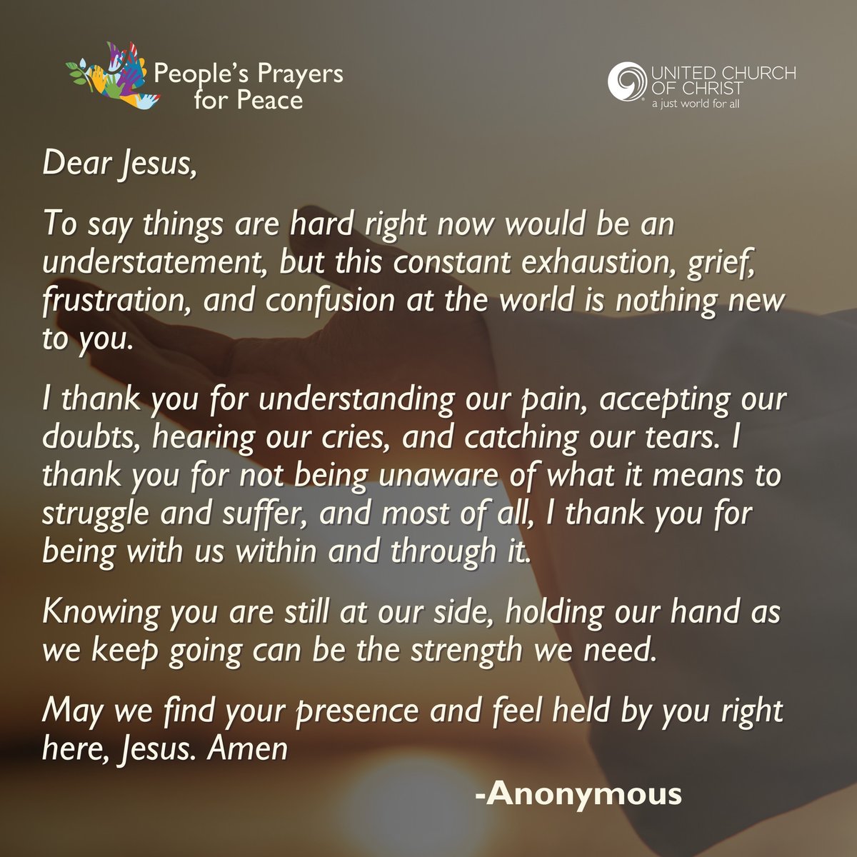 🙏🏾 Jesus,

This constant exhaustion, grief, frustration &amp; confusion at the world is nothing new.

Knowing you are by our side, holding our hand as we keep going is the strength we need.

May we feel held by you.

-Anonymous

👉🏾 Share your prayer with us: ow.ly/8r5350Wwclq