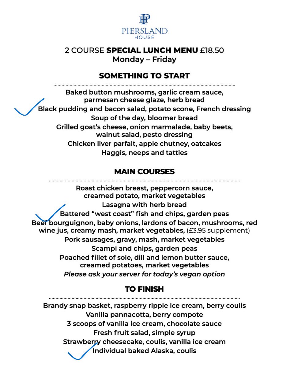 PierslandHouse's tweet image. Black Pudding and Bacon Salad, Fish n Chips, Baked Alaska 🍽️ 🍷 

You?

#Troon #ScotlandFoodandDrink #ScotlandHour