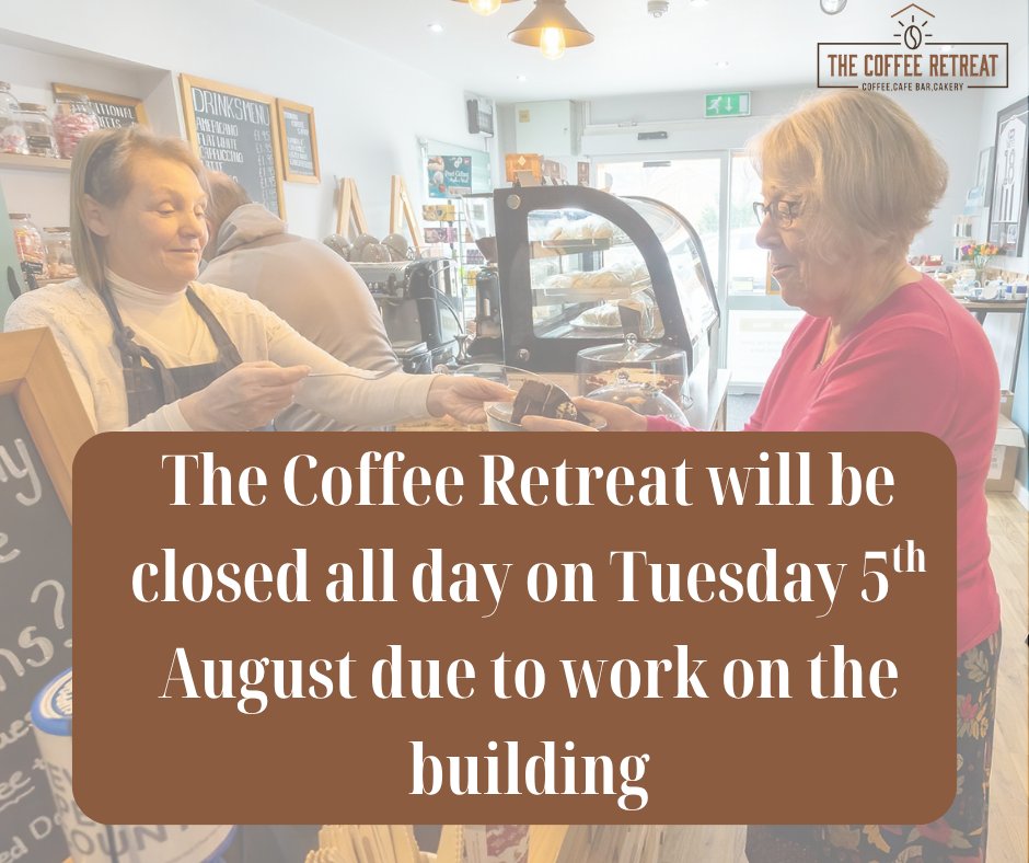 The Coffee Retreat will unfortunately be closed all day next Tuesday due to the replacement of the front doors, however they will resume selling delicious coffee and cake the following day 🍰

Apologies for any inconvenience this may cause.