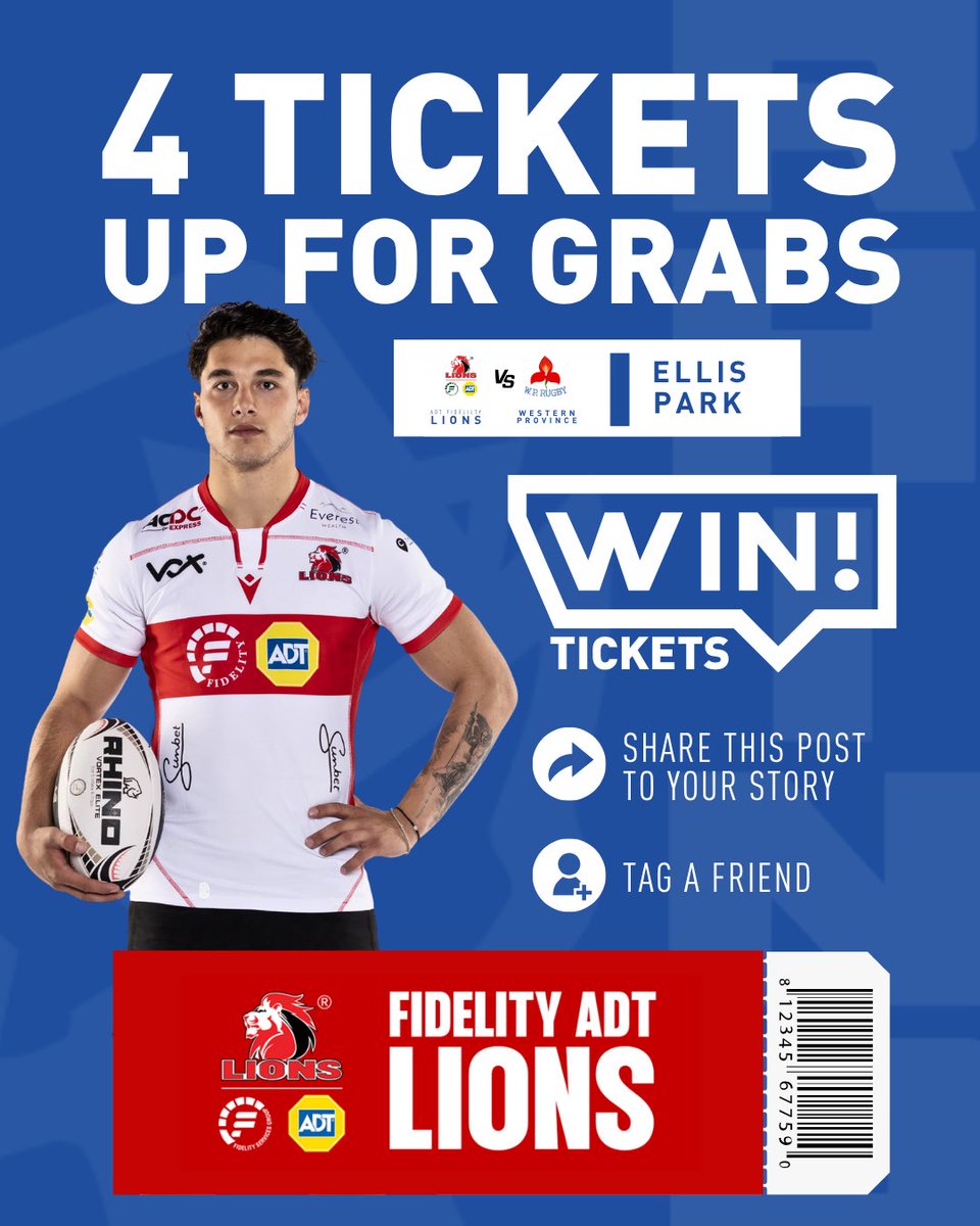WIN 4 TICKETS to Ellis Park this Saturday! 
Lions vs Western Province – Currie Cup clash 

✅ Share this post
✅ Tag 3 friends you’d take

Winner announced Friday!
#LionsRugby #CurrieCup2025 #EllisPark #WearRed