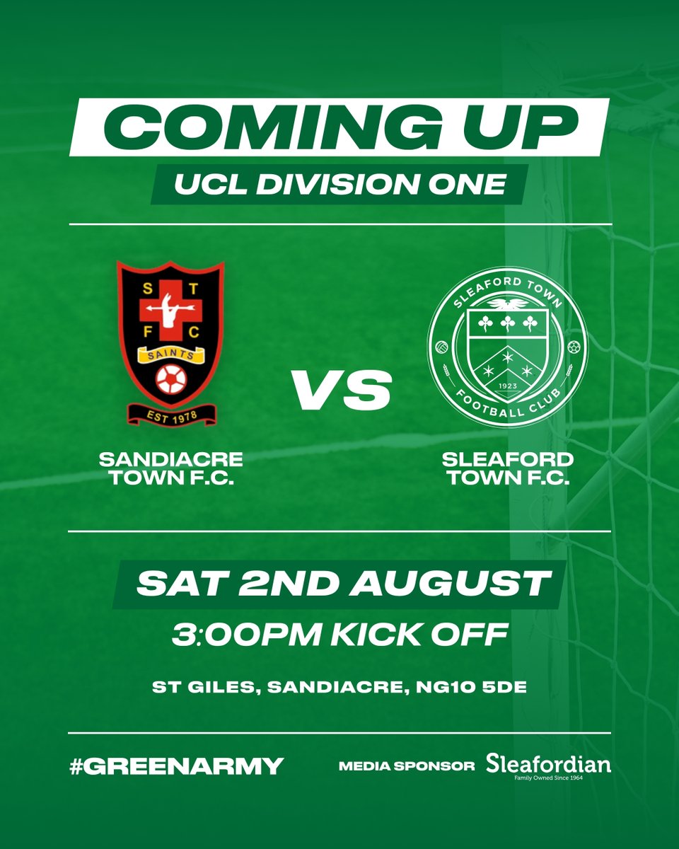 🟢 Up Next for the Greens! 🟢

We’re back on the road this weekend as we take on <a href="/sandiacre_town/">Sandiacre Town FC</a> in our third league fixture of the campaign 💚⚽

📅 Saturday 2nd August 2025
📍 St Giles, Sandiacre, NG10 5DE
🕒 3:00 PM Kick-Off
🏆 <a href="/utdcos/">UCL</a> Division One

#GreenArmy