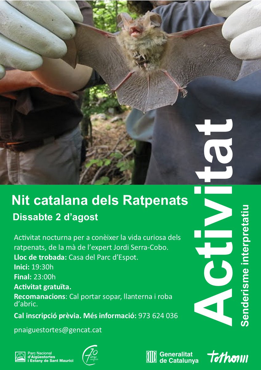🦇 Versió Twitter (Ratpenats):

🌙 2/8: Nit Catalana dels Ratpenats!
Ruta nocturna amb expert + descobriments fascinants
📍 Espot | 19:30h
🦇 Cal portar sopar i llanterna
✅ Gratuït | Inscripció: 973 624 036
#NaturaNocturna #Aigüestortes