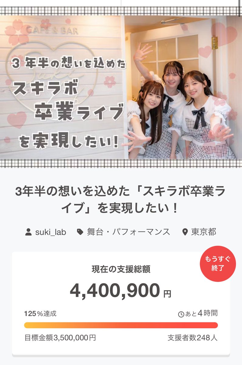 本日23:59でクラファン終了になります‼️
ネクストゴール450万円まで後少し、、！！！🥹💓

スキラボ卒業ライブ応援よろしくお願いします😭😭😭😭
camp-fire.jp/projects/85391…