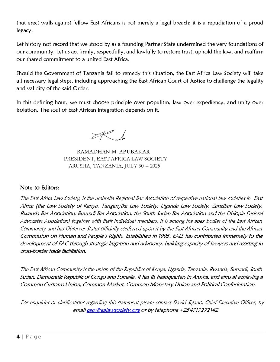 EALS STATEMENT ON THE UNITED REPUBLIC OF TANZANIA’S BUSINESS LICENSING (PROHIBITION OF BUSINESS ACTIVITIES FOR NON-CITIZENS) ORDER, 2025: A FUNDAMENTAL VIOLATION OF EAST AFRICAN COMMUNITY LAW AND THE PRINCIPLES OF REGIONAL INTEGRATION.