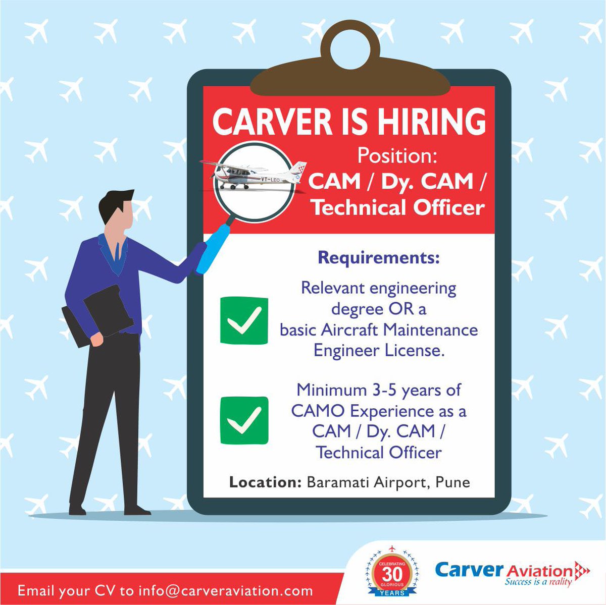 Hiring Alert 📢📢

Team Carver is looking for CAM / Dy. CAM / Technical Officer 

Location: Baramati Airport, Pune

Interested candidates can apply by mailing us your CV at info@carveraviation.com

If you get shortlisted then our team will contact you for an Interview.

#hiring