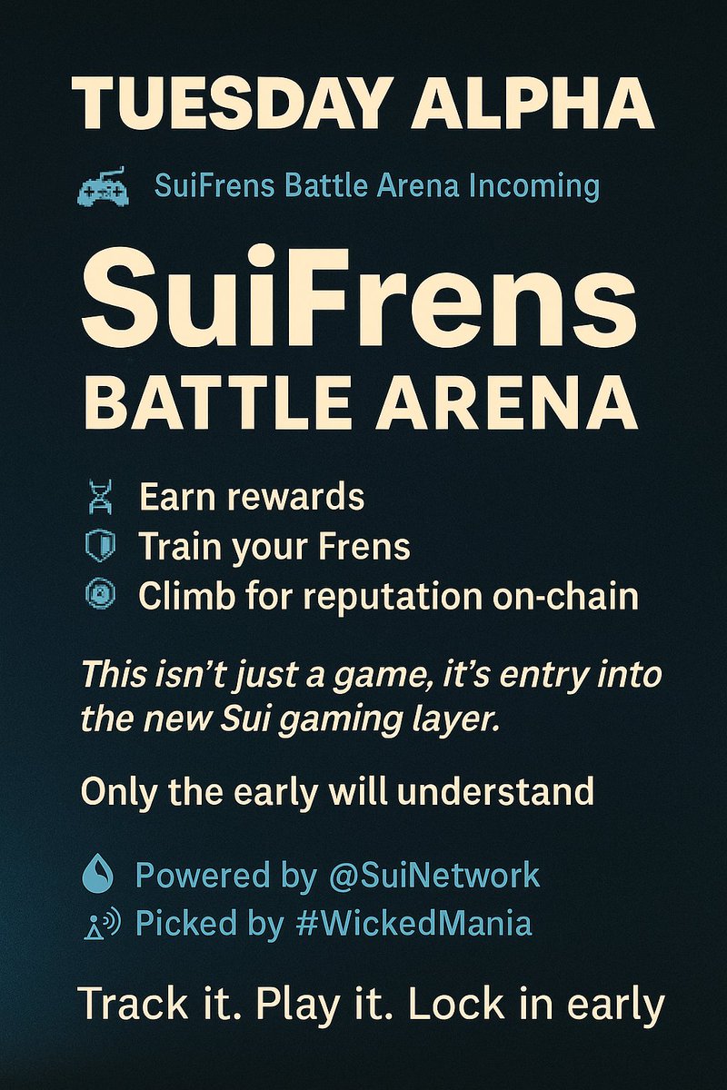 awwala__'s tweet photo. The game is real.
SuiFrens Battle Arena — an on-chain PvP experience is loading ⚔️
🧬 Earn rewards.
🛡️ Train your Frens.
🪙 Climb for reputation on-chain.
This isn’t just a game, it’s entry into the new Sui gaming layer
👾 Powered by @SuiNetwork
🛰️ Picked by #WickedMaina https://t.co/iZP1t3oedj