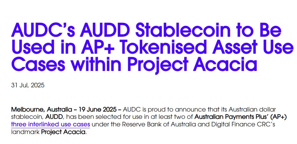 RealAllinCrypto's tweet photo. 🇦🇺  Hedera's $AUDD stablecoin will be used in 2 of Australian Payments Plus’ 3 use cases as part of Project Acacia, led by the Reserve Bank of Australia 
$HBAR https://t.co/Iys0MvUHf4