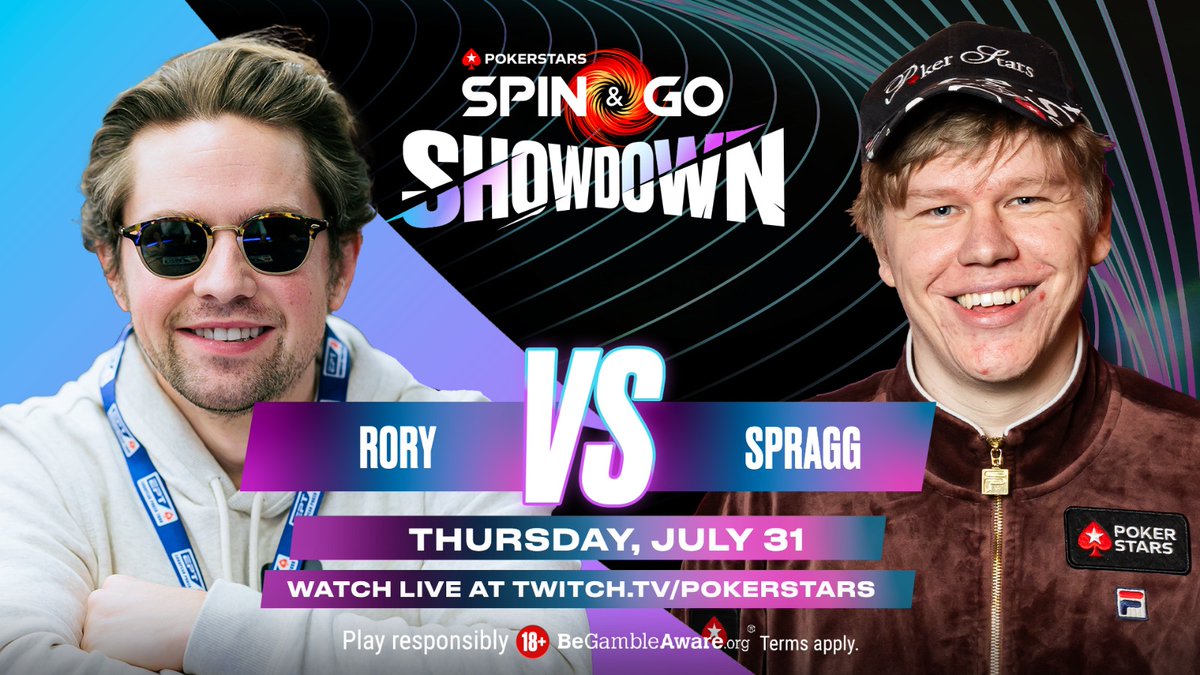 Nicholas Walsh (@nickwalshtv) on Twitter photo ⚡️ Spin & Go Showdown⚡️
Episode #28: THE LAST <a href="/PokerStars/">PokerStars</a> #SpinAndGo showdown!
Today's Match Up: <a href="/spraggy/">Spraggy</a> vs <a href="/Chelsearory/">Rory Jennings 🍊🦩</a>
When: 11:30 UK
Watch: twitch.tv/pokerstars ⚡️ Spin & Go Showdown⚡️
Episode #28: THE LAST <a href="/PokerStars/">PokerStars</a> #SpinAndGo showdown!
Today's Match Up: <a href="/spraggy/">Spraggy</a> vs <a href="/Chelsearory/">Rory Jennings 🍊🦩</a>
When: 11:30 UK
Watch: twitch.tv/pokerstars