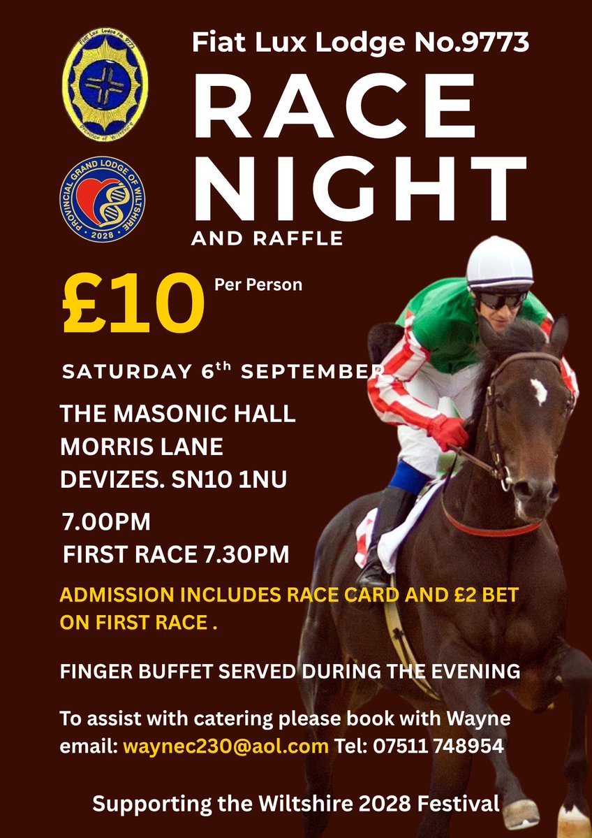 Wiltshire Freemasons (@wiltspgl) on Twitter photo Just in case you haven't booked the date in your diary, why not do it today. Join the members of Fiat Lux Lodge No.9773 <a href="/FiatLux9773/">Fiat Lux lodge No 9773</a> <a href="/Lodge663/">Wiltshire Lodge of Fidelity No. 663</a> for their race night and raffle (in support of the Wiltshire 2028 Festival). Contact Wayne waynec230@aol.com Just in case you haven't booked the date in your diary, why not do it today. Join the members of Fiat Lux Lodge No.9773 <a href="/FiatLux9773/">Fiat Lux lodge No 9773</a> <a href="/Lodge663/">Wiltshire Lodge of Fidelity No. 663</a> for their race night and raffle (in support of the Wiltshire 2028 Festival). Contact Wayne waynec230@aol.com