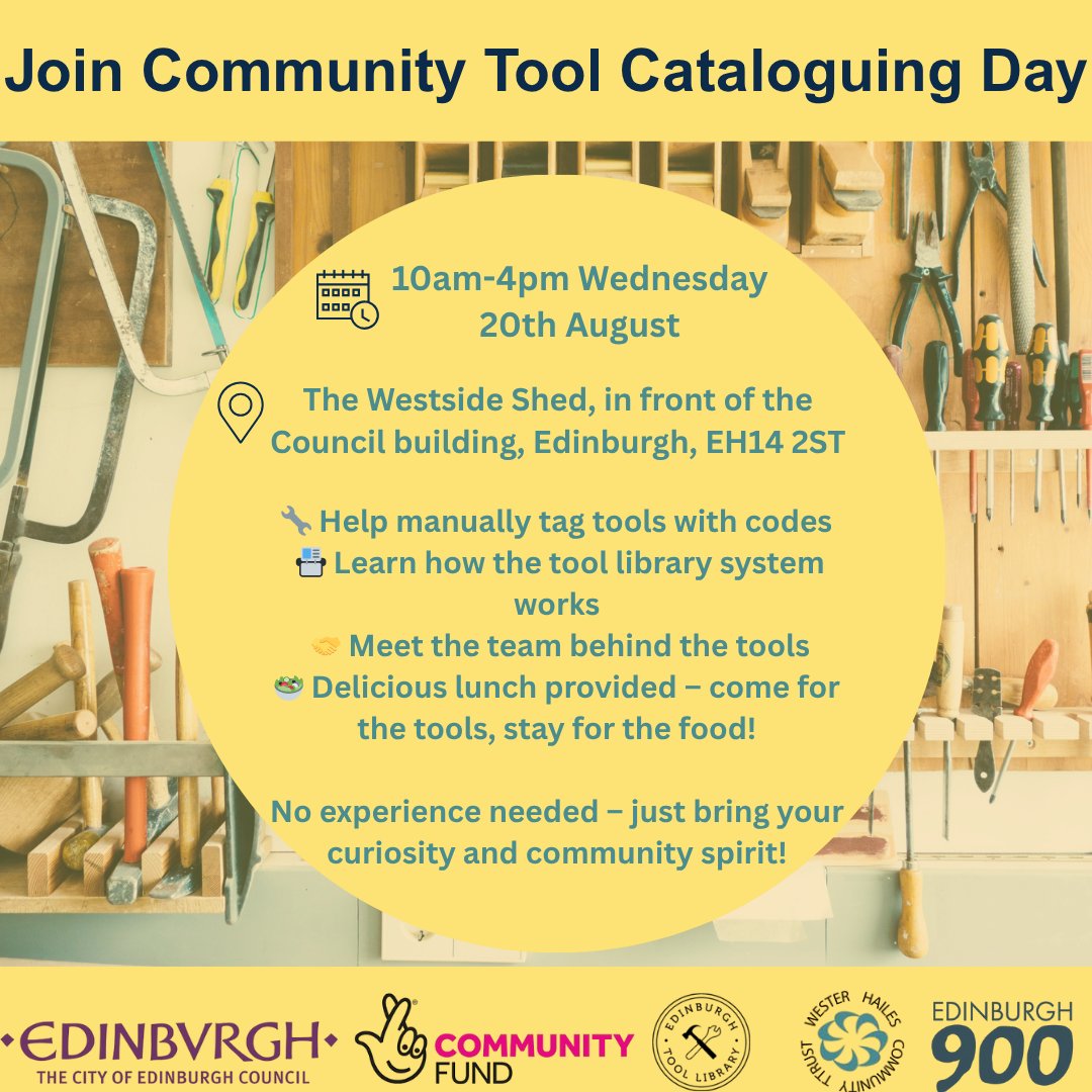 WesterHailesCT's tweet image. 🛠️ Tag tools, meet good folk, eat tasty food!
Join us for Community Tool Cataloguing Day
📅 20 Aug | 🕙 10am–4pm
📍 The Westside Shed, EH14 2ST
No experience needed — just bring your curiosity 🔧
#EdinburghEvents #ToolLibrary #WesterHailes