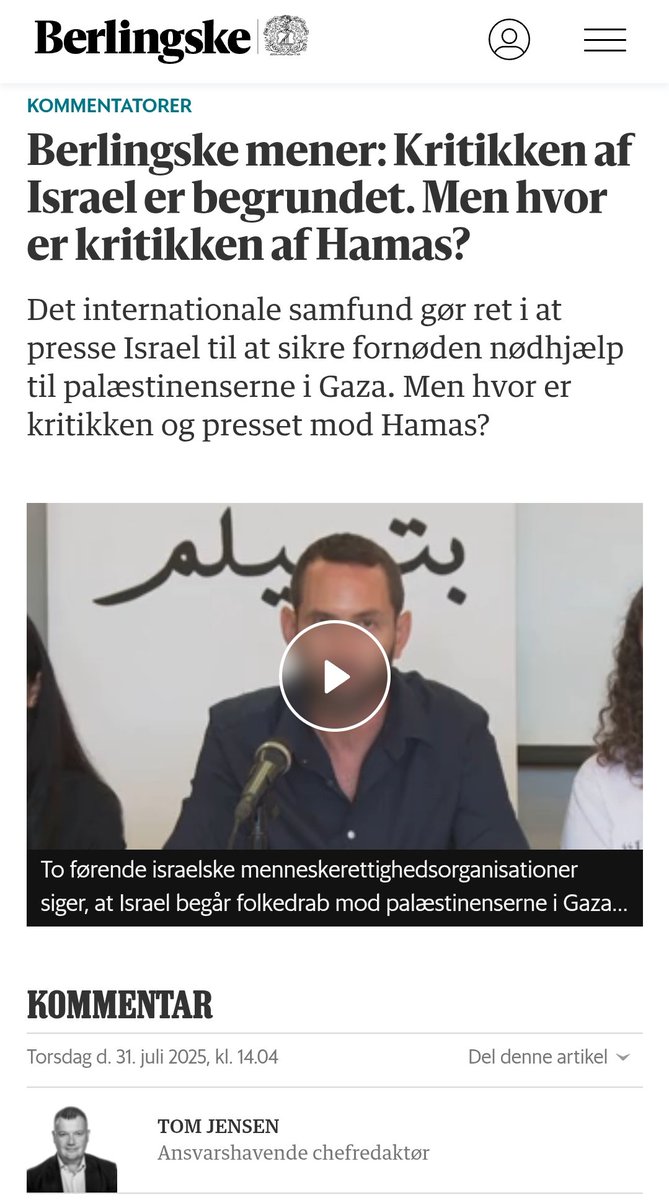 Christ, mand. Så skal der sparkes åbne døre ind og lægges røg ud, så @Berlingske's eget die-hard forsvar af Israel ikke kommer i fokus. De første 20 mdr. brugte 'det int. samf.' på at kritisere Hamas. Først nu bliver Israel også kritiseret af mainstream. #dkmedier #dkpol