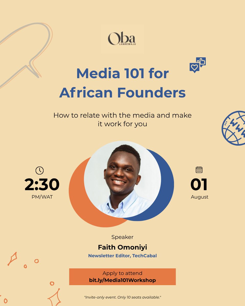 . <a href="/faith_omoniyi/">Orobosa</a>  and I are holding an exclusive media workshop for  10 of our founder friends tomorrow. We've got four (4) seats left. Please fill out the form if you know any of us personally.

Bit.ly/Media101Worksh…