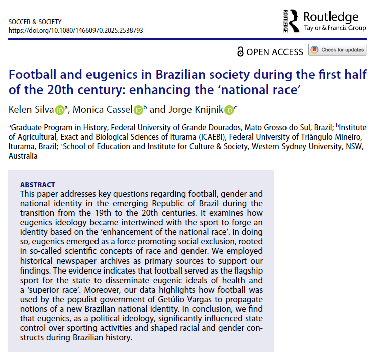 OPEN ACCESS! In this paper we employed historical newspaper archivers through the virtual Hemeroteca of the National Library, to show t interconnection between football &amp; eugenics &amp; how these 2 forces intertwined to shape a new national identity in Brazil tandfonline.com/doi/full/10.10…