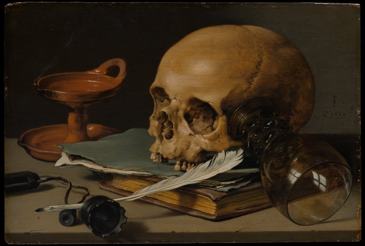 _altrevo's tweet photo. "Still Life with a Skull" by Pieter Claesz (1630s) is a Dutch Golden Age masterpiece of the vanitas genre. Its realistic details-skull, snuffed candle, toppled glass-remind us of life's transience and the fleeting nature of material possessions. https://t.co/Acu7tvXVBw