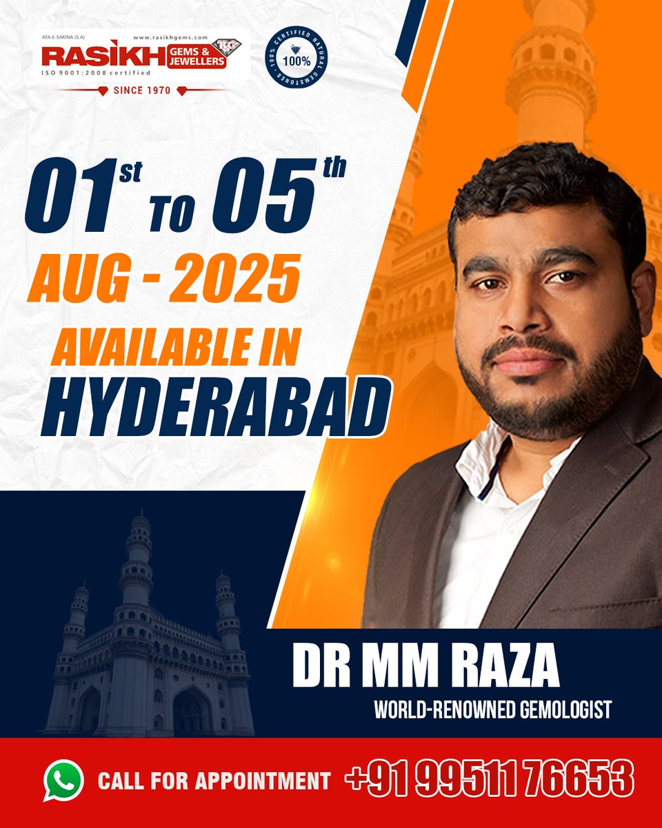 drmmraza's tweet image. Meet Dr. MM Raza, the World-Renowned Gemologist, in Hyderabad on August 1st  To  5th  2025!
,
,
,📷 Experience the power of 100% Natural Certified Gemstones

📷 Call for Appointment: +91 99511 76653

📷 rasikhgems.com

#GemstonePower #RasikhGems #ChildSuccess #Birthstone