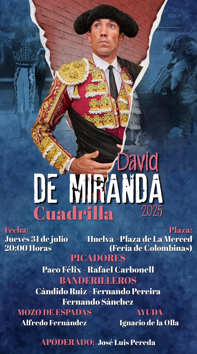 David de Miranda (@davdemiranda) on Twitter photo ยกNos vemos esta tarde!
โจ๏ธ Corrida de Toros en la Plaza Toros de la Merced compartiendo cartel con <a href="/BorjaJimenez92/">Borja Jimรฉnez</a> y <a href="/MarcosPH1995/">Marcos Pรฉrez Hernรกndez</a>
๐ 20:00h
๐ฒ Nuestro lote de hoy es nยบ 152 y nยบ 25 de <a href="/Toros_JuanPedro/">Ganaderรญa Juan Pedro Domecq</a>
#DeMiranda25 ยกNos vemos esta tarde!
โจ๏ธ Corrida de Toros en la Plaza Toros de la Merced compartiendo cartel con <a href="/BorjaJimenez92/">Borja Jimรฉnez</a> y <a href="/MarcosPH1995/">Marcos Pรฉrez Hernรกndez</a>
๐ 20:00h
๐ฒ Nuestro lote de hoy es nยบ 152 y nยบ 25 de <a href="/Toros_JuanPedro/">Ganaderรญa Juan Pedro Domecq</a>
#DeMiranda25