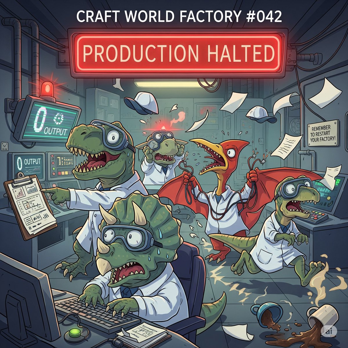Do you know what your 4 workers do when the factory stops and you forget to restart it?

They don’t rest.
They don’t nap.
They panic.
They scream.
They hold meetings.
They run around with clipboards yelling “WE’RE LOSING OUTPUT!!!”

🦖🔬 Scientists? No.
Just 4 stressed dinos in
