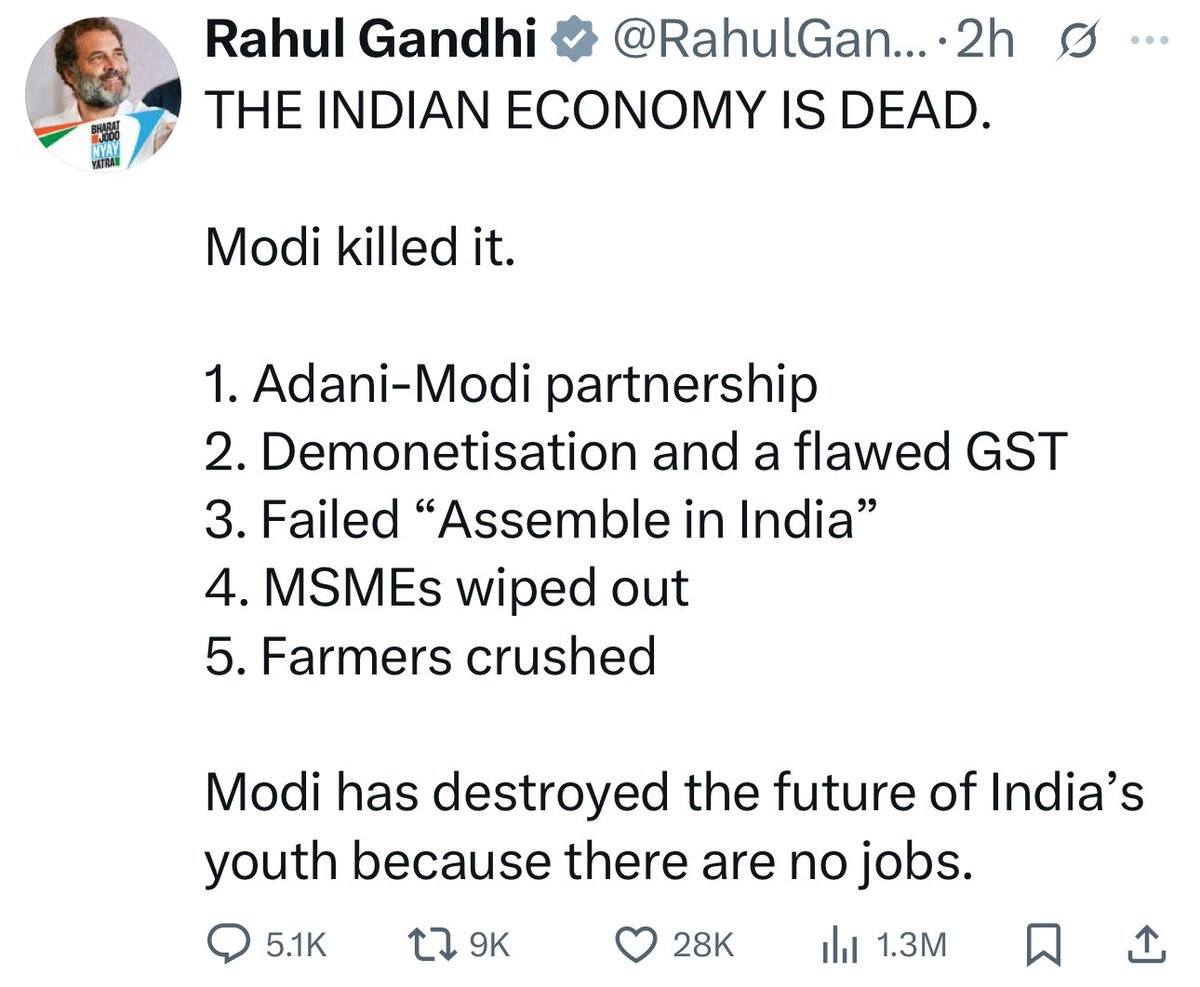 Lemme read the truth &amp; decode this tweet

Modi Killed it

1. CONgress backed crony capitalism. Contracts without bidding &amp; distribution to CONgi friends gone

2. Demonetisation killed black money. Political funding to CONgress gone

3. Make in India is killing foreign kick back