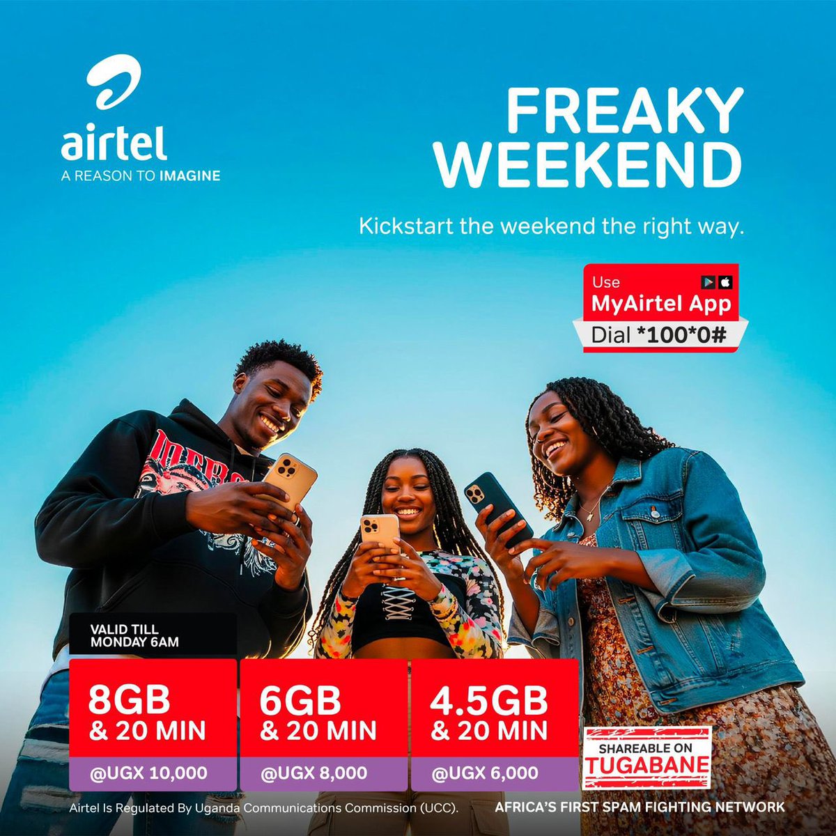 Stay connected all weekend with a #FreakyWeekend voice and data package by dialing *100# option 0 or use the #MyAirtelApp