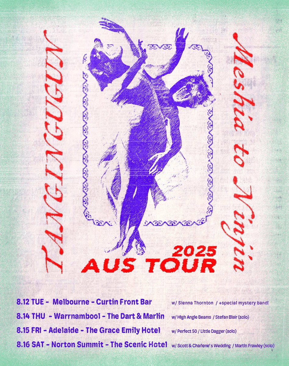 🌟ツアーグッズ受注開始🌟

TANGINGUGUNとのオーストラリアツアーのグッズを、8/18(月)までの期間限定で販売します。

■Tシャツ ¥3500〜
■カセット ¥1500→各バンド未発表曲＋2組で演奏したコラボ曲の計4曲
■応援投げ銭 ¥500〜もあります🙇‍♀️

ぜひよろしくお願いします！
meshiatoninjin.stores.jp