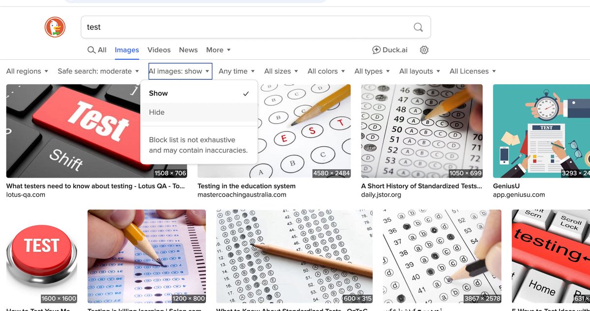 DuckDuckGo now has a filter to hide AI-generated images from image search results. Hopefully, this feature will soon become a standard for all search engines and for all types of searches.