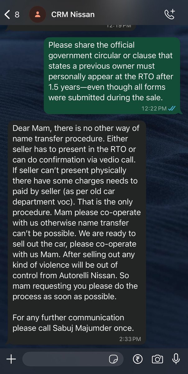itsroshnic's tweet photo. Worst decision of my life: buying from @Nissan_India.
They have zero control over their dealer network, force customers to travel 6 hours for RTO formalities despite signed forms, and expect ₹3500 to “settle” it.
This would’ve never happened with Hyundai.
@Nissan @NissanMotor https://t.co/M0iHk3Ael8