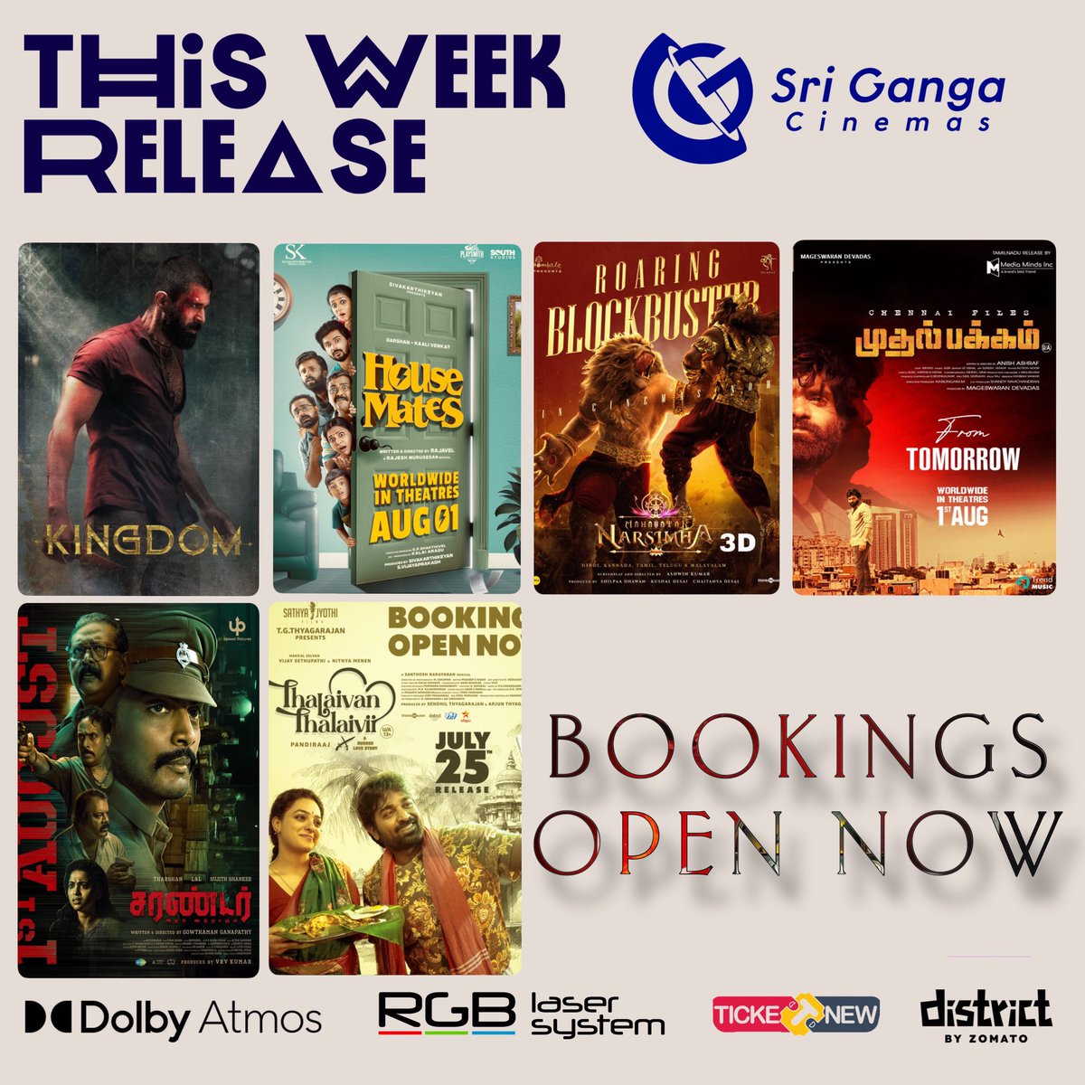 #KingdomOnJuly31st  -Tamil 
#HouseMates -Tamil 
#MahaAvatarNarasimha - 3D Tamil 
#MuthalPakkam -Tamil 
#Surrendermovie - Tamil 
#ThalaivanThalaivii - Tamil 
This week movies <a href="/Srigangacinemas/">Sri Ganga Cinemas Barco RGB LASER DOLBY ATMOS</a> #RGB #Dolbyatmos #Cinemax #movies