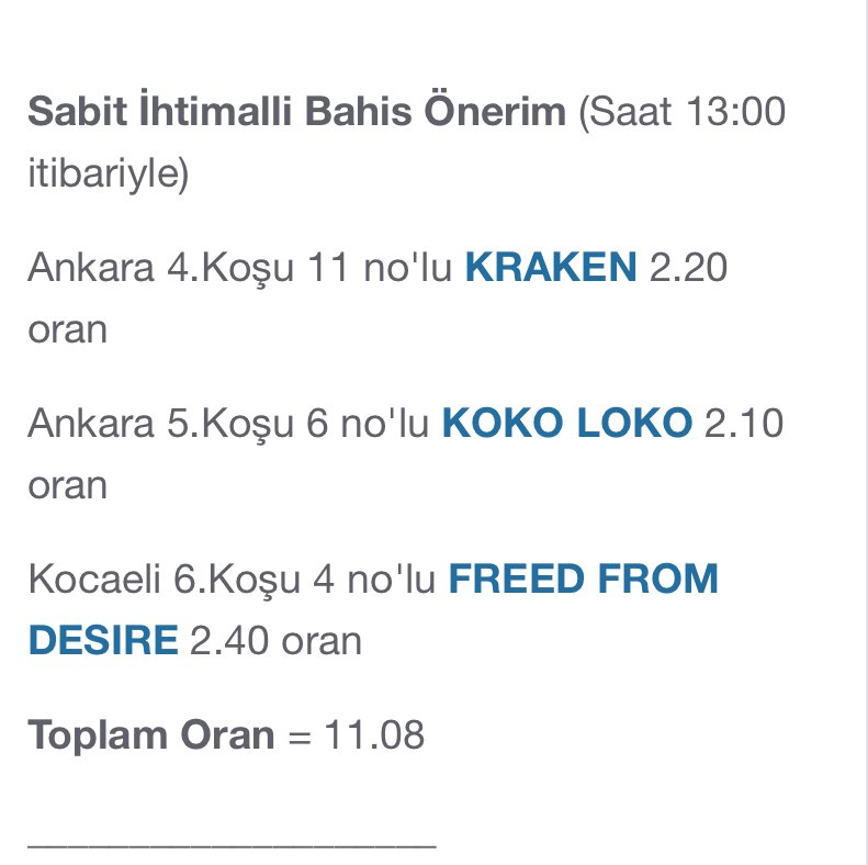 Güne dair sabit ihtimalli kombine bahis önerim görselde yer almaktadır. Detaylı yorumlarım ve altılı ganyan şablonum koptugeliyor.com'da yayında. Herkese bol şanslar..