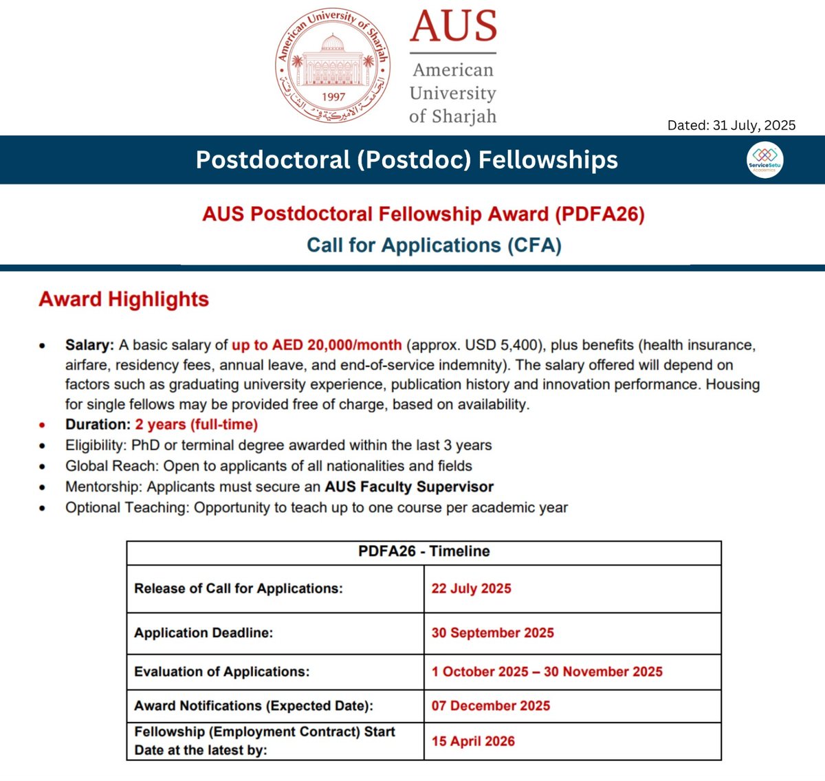 Sanjeev Varshney (@skvdst) on Twitter photo Post Doctoral Fellowship at <a href="/AUSharjah/">American University of Sharjah</a> #PDF
Duration 2 years
Stipend: Up to AED 20,000/month (approx. USD 5,400), plus benefits
PhD awarded within the last 3 years
Applicants must secure an AUS faculty supervisor
Details at aus.edu/employment/aus…
Apply by 30th September 2025 Post Doctoral Fellowship at <a href="/AUSharjah/">American University of Sharjah</a> #PDF
Duration 2 years
Stipend: Up to AED 20,000/month (approx. USD 5,400), plus benefits
PhD awarded within the last 3 years
Applicants must secure an AUS faculty supervisor
Details at aus.edu/employment/aus…
Apply by 30th September 2025