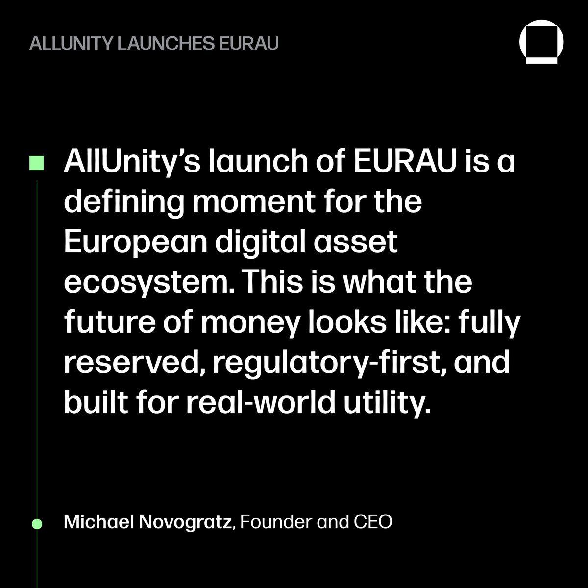 It’s here. EURAU, Germany’s first fully MiCAR-adherent euro-denominated stablecoin, has launched.

<a href="/AllUnityStable/">AllUnity</a>, our joint venture with <a href="/DWS_Group/">DWS Group</a> and <a href="/FlowTraders/">Flow Traders</a>, is now live with a 100% reserved, regulated digital euro for institutions and enterprises.