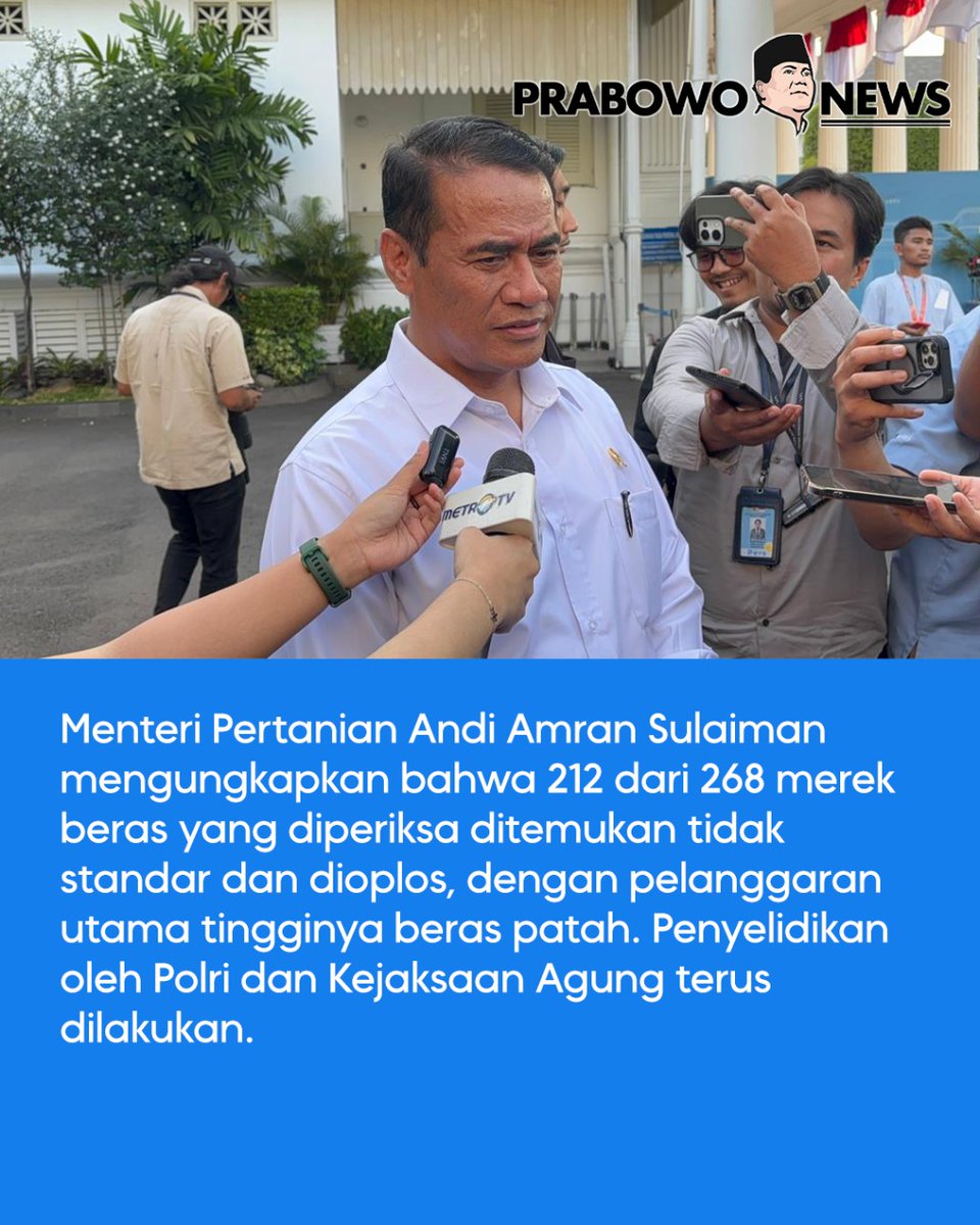 Menteri pertanian mengungkapkan bahwa 212 dari 268 merk beras yang diperiksa ditemukan tidak standar dan dioplos, dengan pelanggaran utama tingginya beras patah. Penyelidikan oleh Polri dan Jaksa agung terus dilakukan