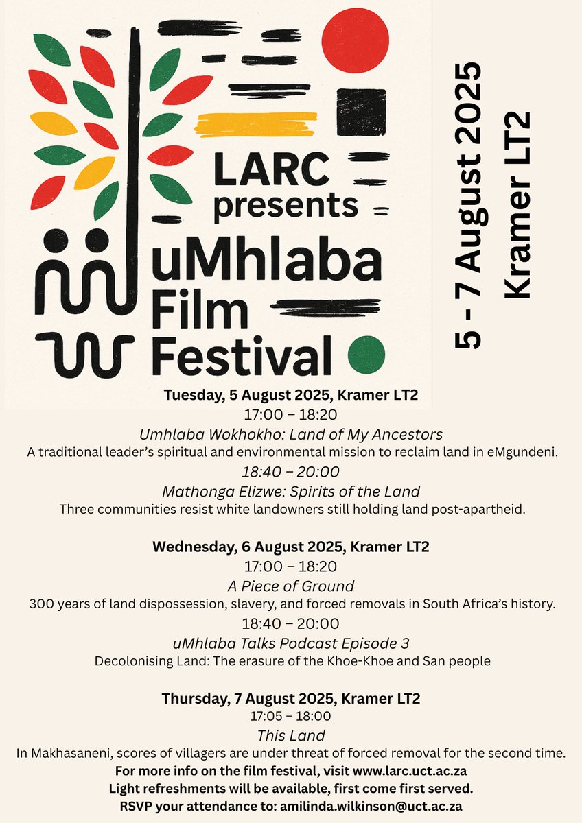 ANNOUNCEMENT!

Join us next week from the 5th - 7th of August as <a href="/LarcUCT/">LARC</a> hosts the uMhlaba Film Festival at the <a href="/UctLaw/">UCT Law School</a> on Middle Campus. We will be screening four incredible films by amazing directors. We will also be screening a new episode from our Podcast "uMhlaba Talks"