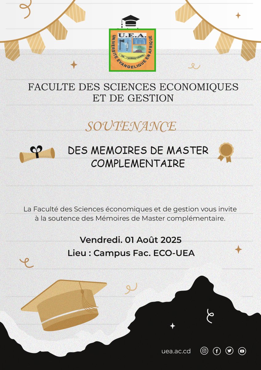 🎓 Grande journée à l’UEA : Soutenance des Travaux de Fin d’Études de Master Complémentaire à la Faculté d’Économie
L’UEA organise les soutenances des TFE des étudiants des Masters Complémentaires en Sciences Économiques et de Gestion ce vendredi 1er août 2025.