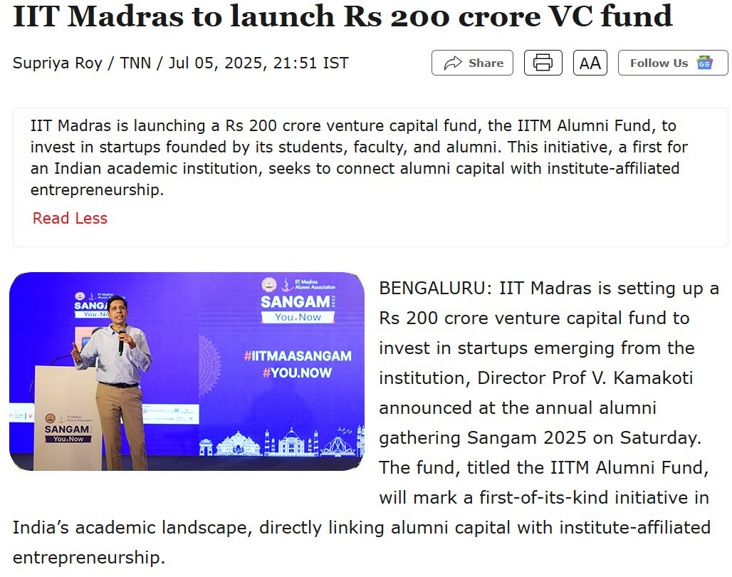 IITMAA (@iitmaa) on Twitter photo IIT Madras announced a โน200 Cr IITM Alumni Fund at #Sangam2025 You.Now the 1st VC fund by an Indian institute to back startups by its students, faculty & alumni.
Unveiled by Prof. V. Kamakoti, Director <a href="/iitmadras/">IIT Madras</a>
Read more: bit.ly/45bIXBP
#IITMAA #IITM IIT Madras announced a โน200 Cr IITM Alumni Fund at #Sangam2025 You.Now the 1st VC fund by an Indian institute to back startups by its students, faculty & alumni.
Unveiled by Prof. V. Kamakoti, Director <a href="/iitmadras/">IIT Madras</a>
Read more: bit.ly/45bIXBP
#IITMAA #IITM