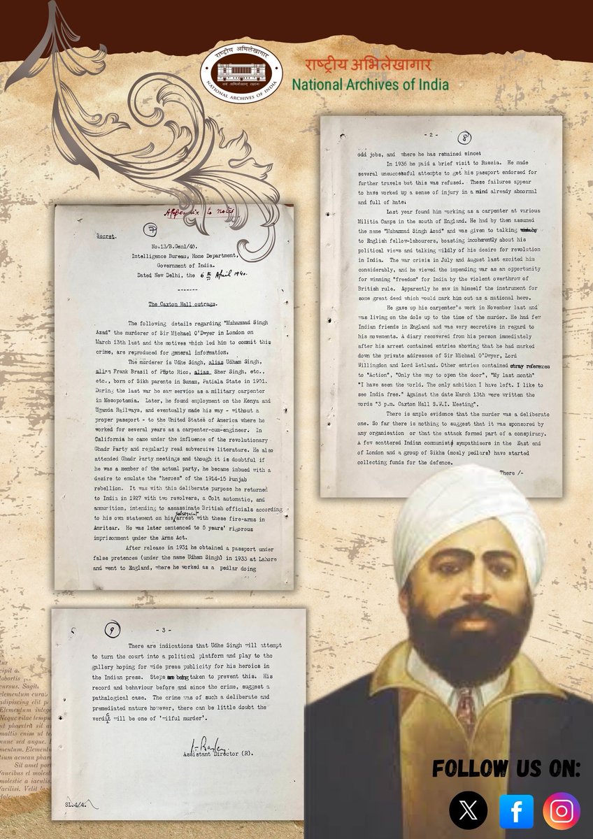 IN_Archives's tweet image. On Udham Singh’s death anniversary, #NAI presents rare excerpts from the 1940 IB report &quot;The Caxton Hall Outrage&quot; detailing his act of justice for Jallianwala Bagh.“I like to see India free,” his diary read.

#SardarUdhamSingh #HSRA #MainBharatHoon #ArchivesMatter