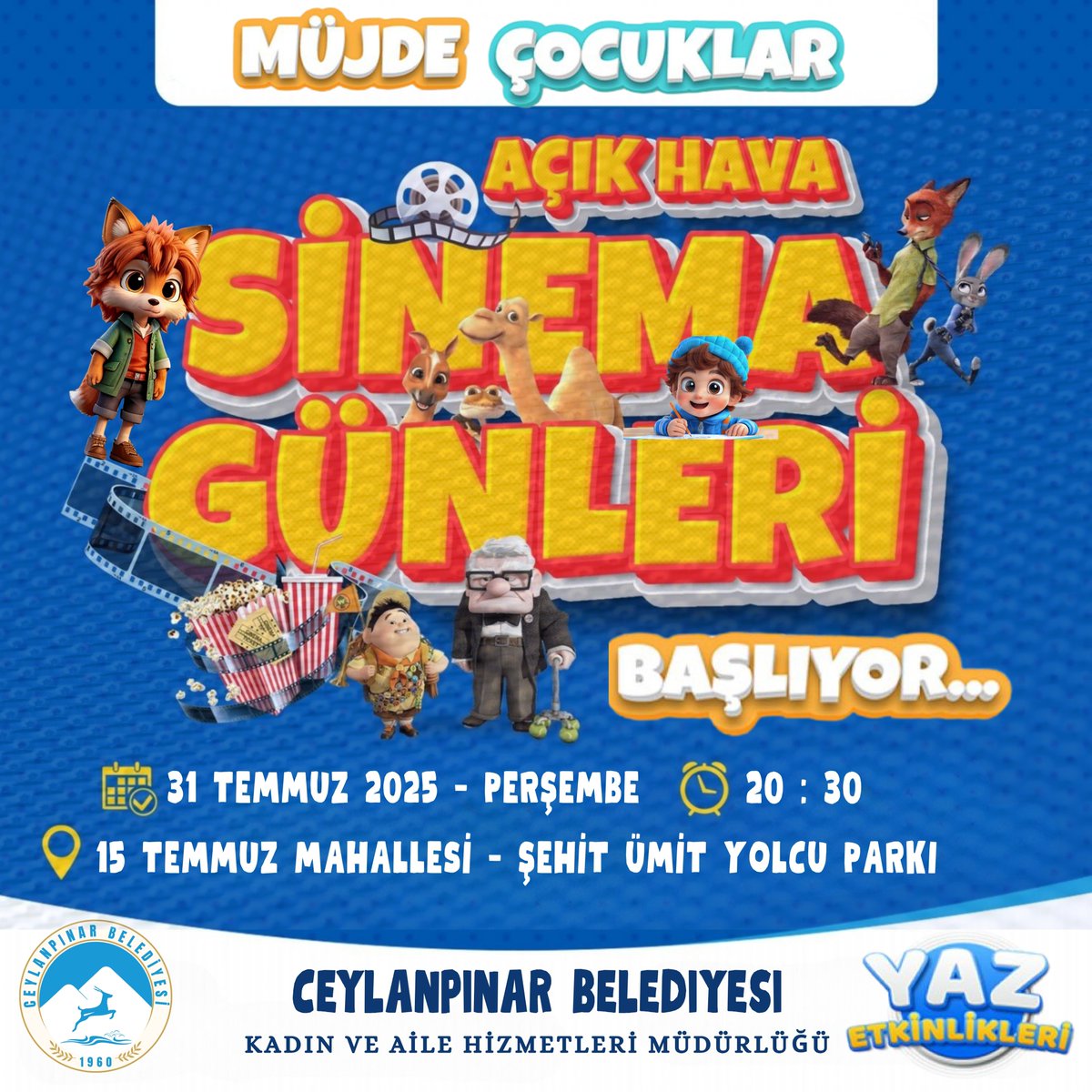 🎥Ceylanpınar Belediyesi’nden Çocuklara Yaz Sinema Günleri

Ceylanpınar Belediyesi, çocukların yaz tatilini eğlenceli ve verimli geçirmeleri için açık hava sinema günleri düzenliyor. Yaz spor okuluyla başlayan etkinlikler zincirine bir yenisini ekleyen belediyemiz, her hafta