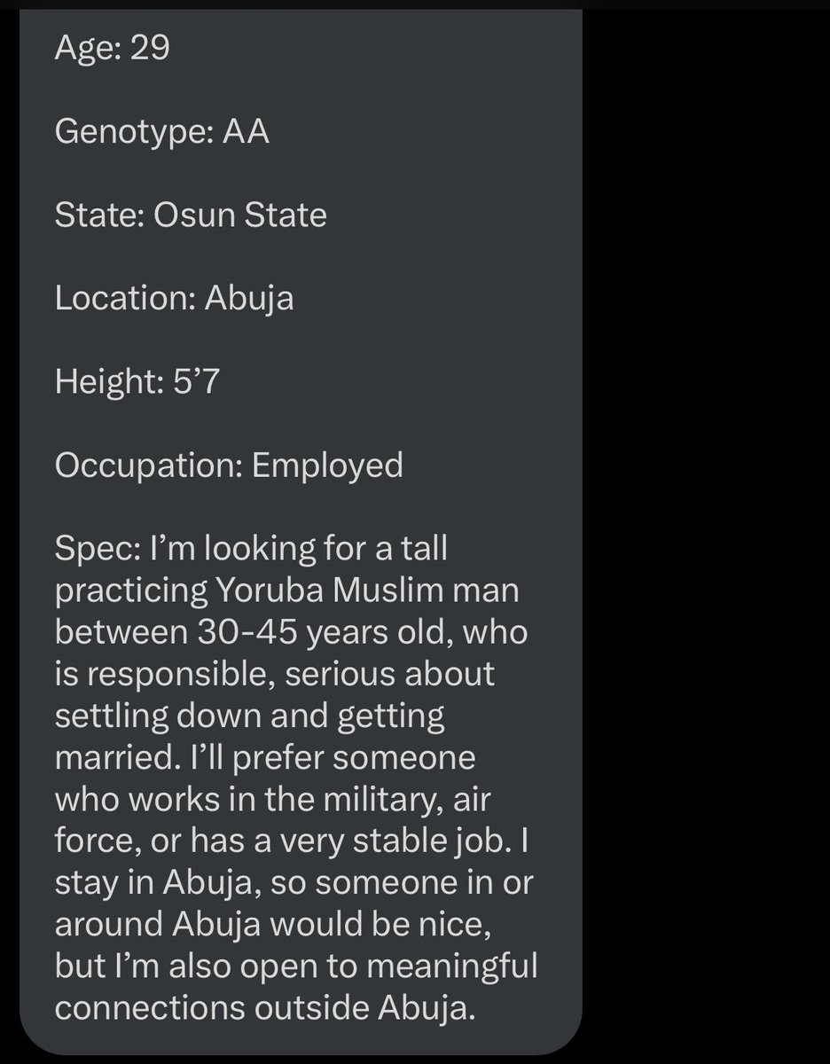 My client is looking for a responsible and practicing Muslim man that’s ready for commitment that’ll lead to Nikkah.
She’s an Analyst.

Pls DM if you match her spec 🙏🏾

#Nikahconnect