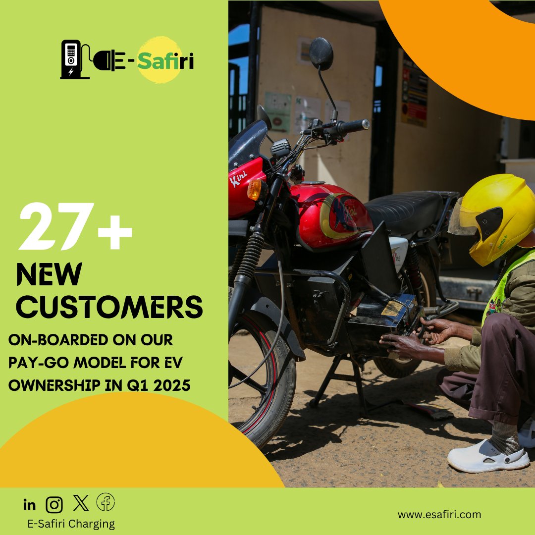 ESafiri_ke's tweet photo. Excited to share some major milestones from 2024-2025!
In just 4 months, 27+ riders have joined our electric bike network! ⚡️
Our Pay-as-you-go model helps riders stay on top of payments, earn income, and support their families.
Follow us for more!
#emobilty #CleanEnergy https://t.co/r83xTAyDVF