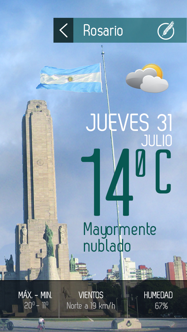 🌥️ ¡Buen jueves, Rosario! 🧉 ¡Se termina julio!

🌡 La temperatura actual es de 14.2°C, con cielo mayormente nublado, viento del norte a 19 km/h y humedad del 67%.

⛈ Se espera una tarde nublada, con una máxima de 20ºC, mientras que a la noche podría haber tormentas. 

Más