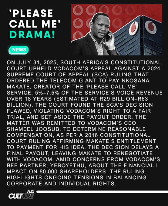 SHOCKER! Vodacom Dodges Billion-Rand Bullet in "Please Call Me" Drama! 
On July 31, 2025, the Constitutional Court slammed the brakes on Nkosana Makate’s dream payout, overturning a 2024 ruling that could’ve landed him up to R63B for inventing Vodacom’s mega-hit "Please Call Me."