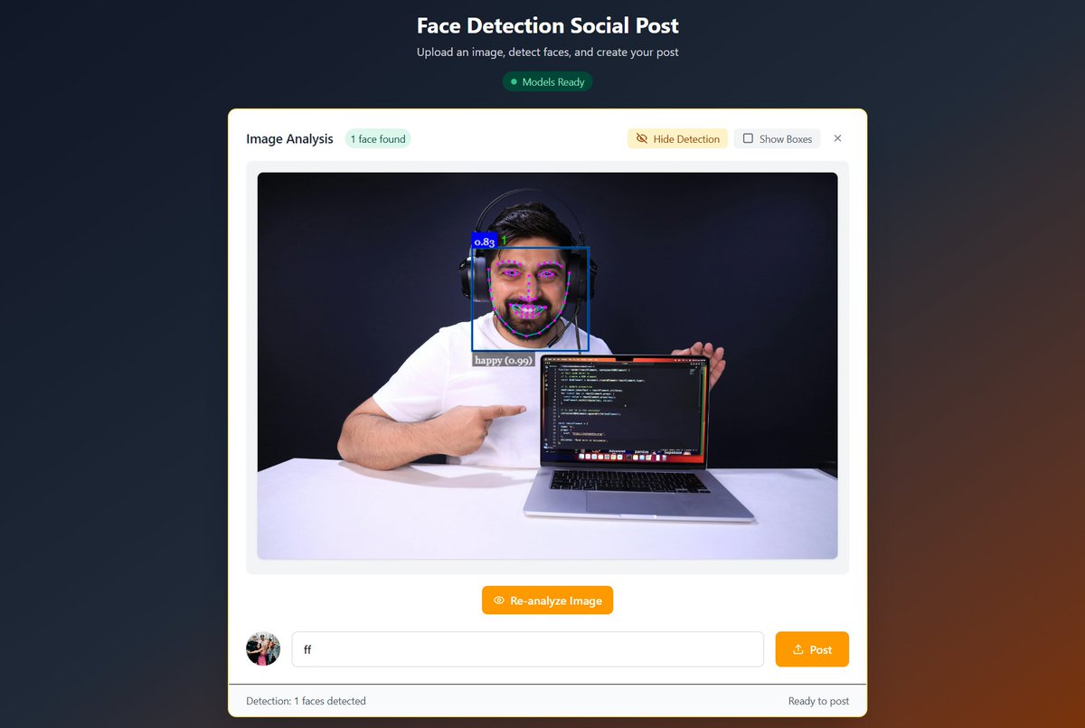 raghavdwd's tweet image. Excited to share my latest project: a face detection web app built with React and face-api.js! It's been a challenging but rewarding experience. #ReactJS #FaceAPI #MachineLearning #WebDev