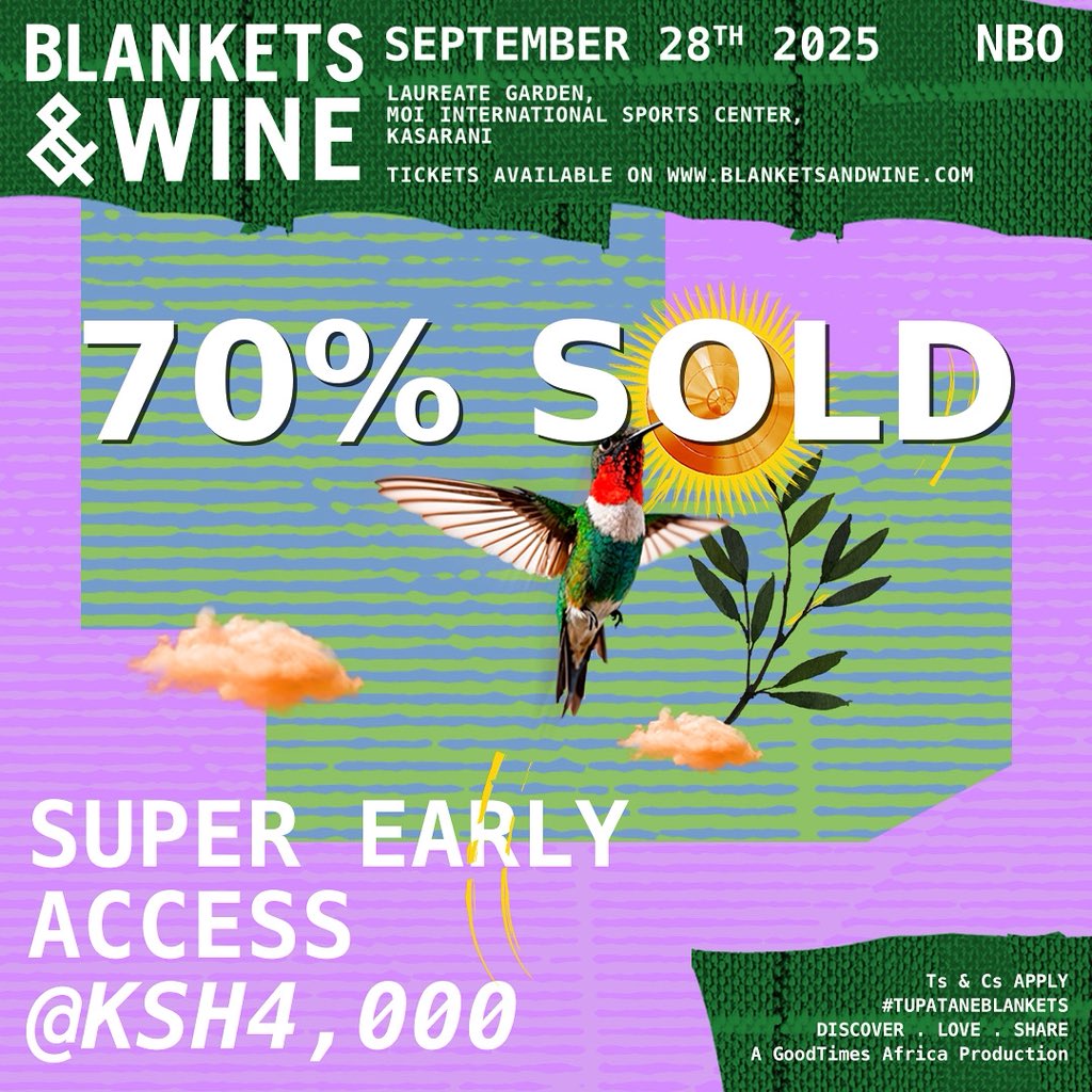 Super Early Access ticket is 70% SOLD ! 🔥
Lock in your spot at Ksh 4,000 before we move to the next tier! 
Tupatane Sept 28 😎
Tickets are available in KSH, USD, UGX &amp; RWF 

mookh.com/event/blankets…

#tupataneblankets #itsalwaysagoodtime #blanketsandwine