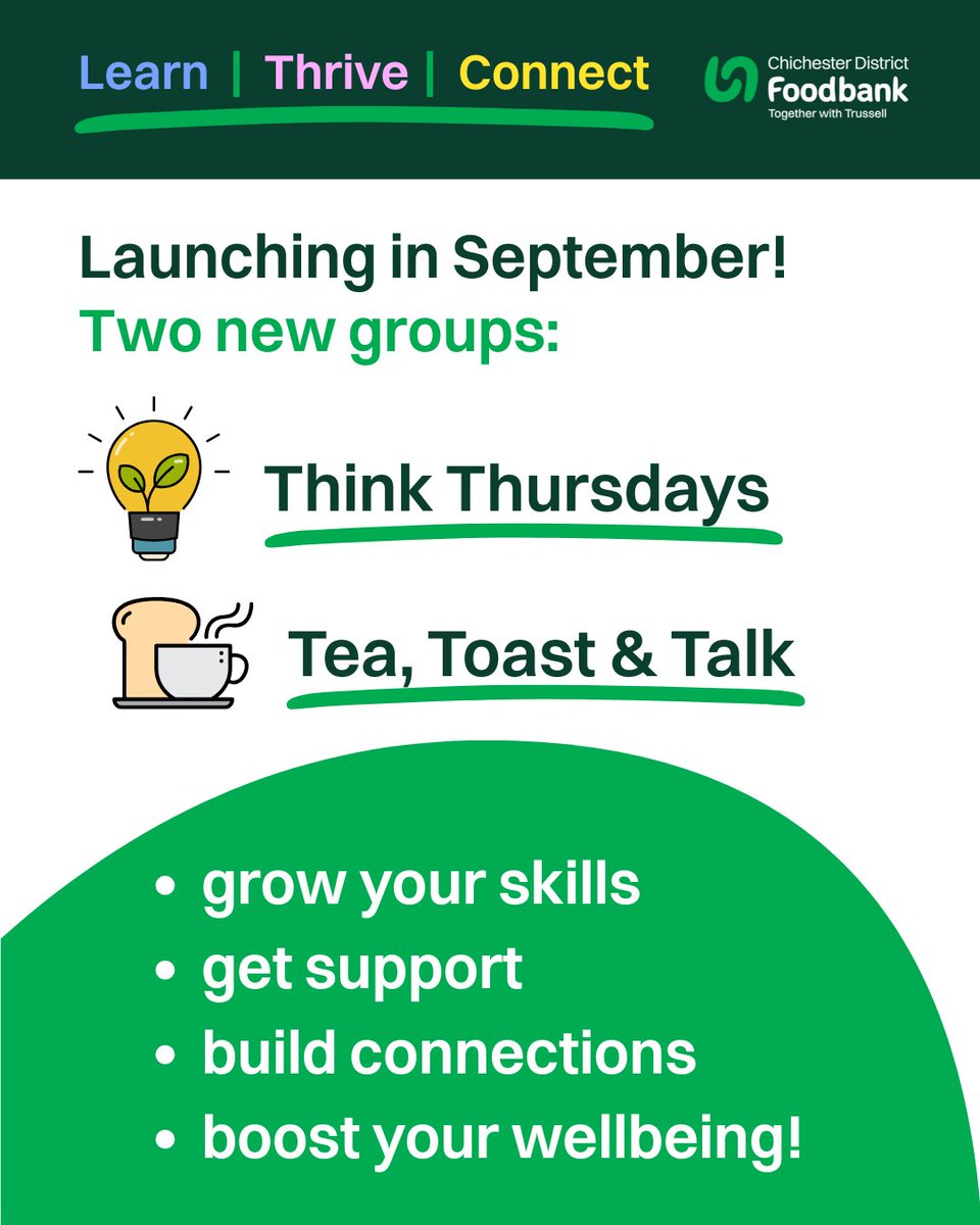 📣 Two new FREE groups coming to Chichester District Foodbank this September!🧠Think Thursdays: Creative sessions + practical life skills.☕ Tea, Toast, Talk: Drop in for a brew, toast &amp; chat with local support.
🔗tinyurl.com/think-thursday…
