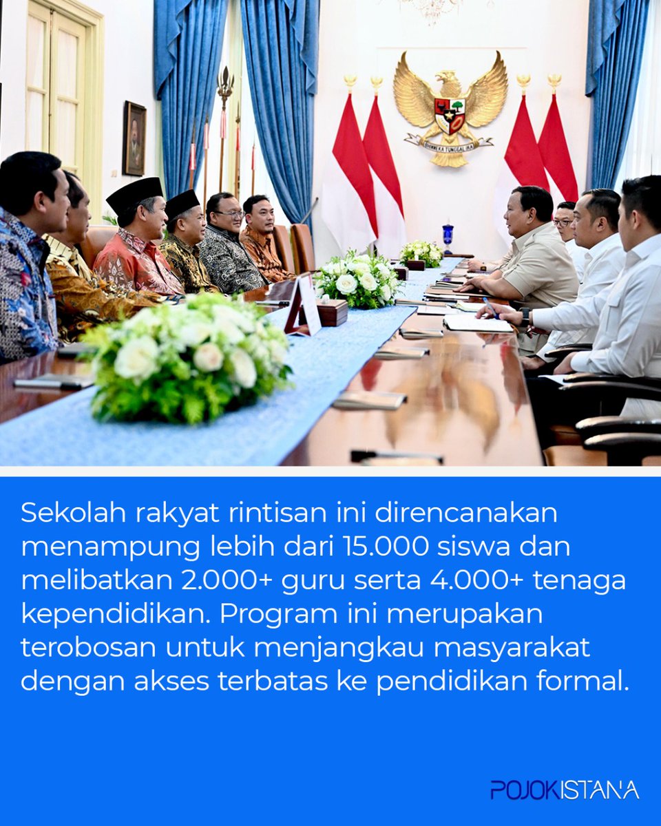 Presiden Prabowo memimpin rapat terbatas bersama wapres Gibran dan para menteri membahas penyelenggaraan sekolah rakyat rintisan tahun ajaran 2025-2026. Program ini mulai 14 Juli 2025 di 63 lokasi dan akan diperluas secara bertahap