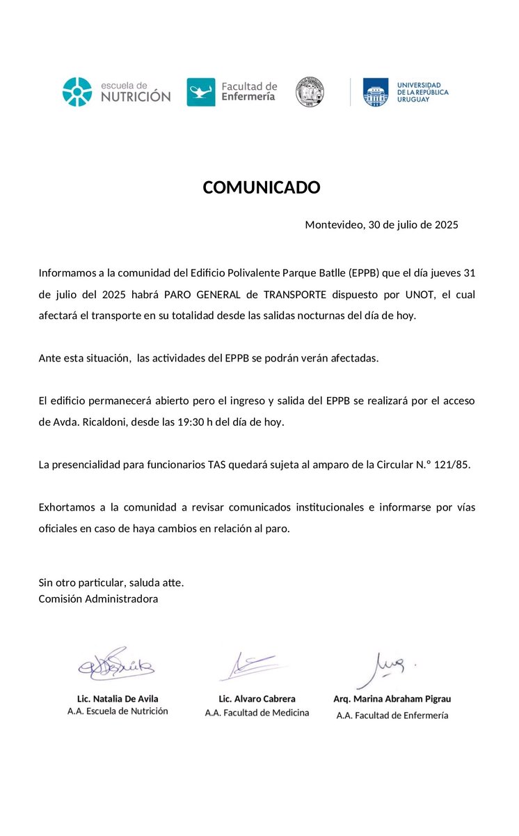 ⚠️ En relación al paro de transporte de hoy, informamos a la comunidad del Edificio Polivalente Parque Batlle.